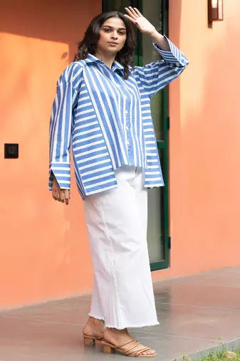 powder blue cotton oversized striped shirt