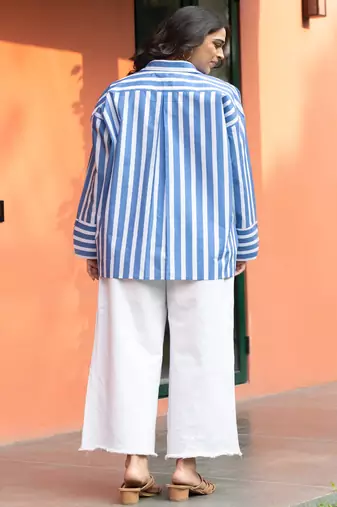 powder blue cotton oversized striped shirt