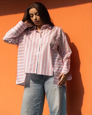 Baby pink cotton oversized striped shirt 2