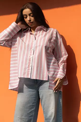 Baby pink cotton oversized striped shirt