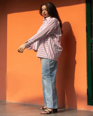 Baby pink cotton oversized striped shirt 3