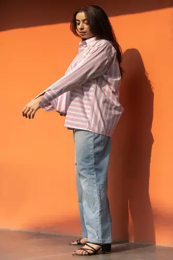 Baby pink cotton oversized striped shirt