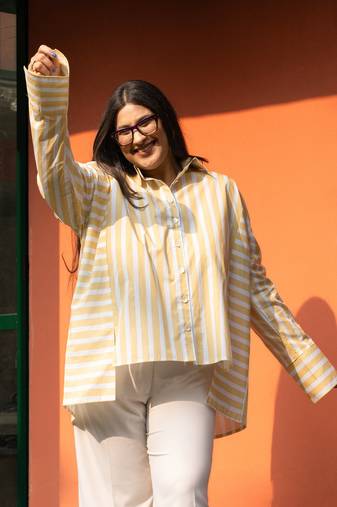 yellow cotton oversized striped shirt