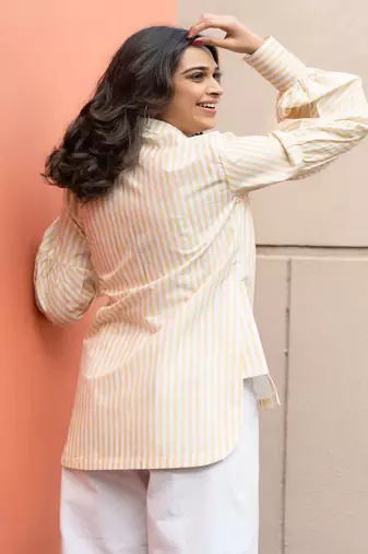 yellow striped crafted cotton shirt