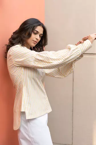 yellow striped crafted cotton shirt