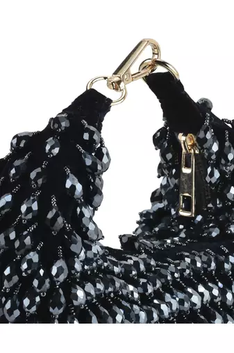Nano crystal black embroidered hand bag