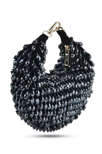 Nano crystal black embroidered hand bag