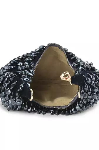 Nano crystal black embroidered hand bag