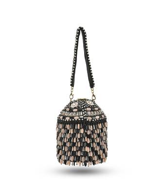 Black suede based bucket bag with stone beads 1