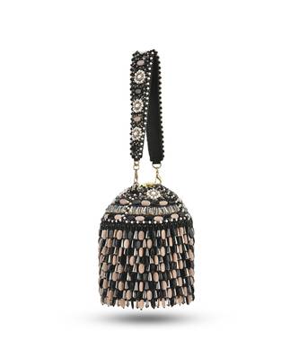 Black suede based bucket bag with stone beads 2