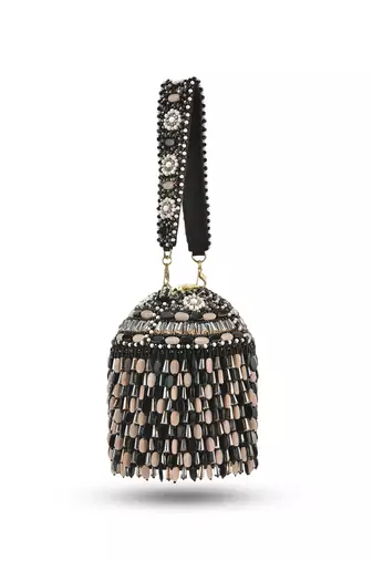 Black suede based bucket bag with stone beads