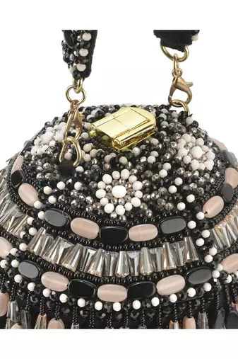 Black suede based bucket bag with stone beads