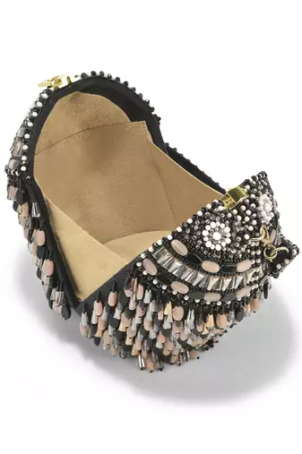 Black suede based bucket bag with stone beads