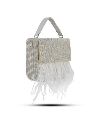 White hand crafted feather flowy box bag 1