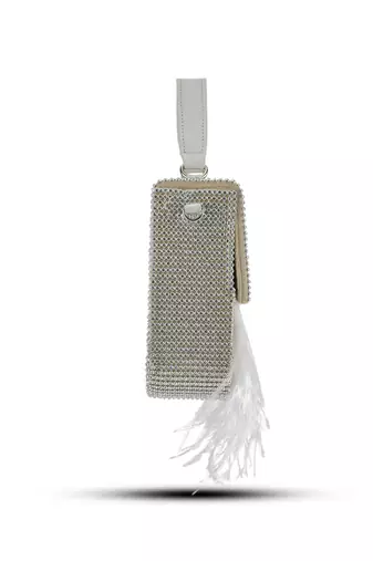 White hand crafted feather flowy box bag