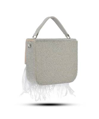 White hand crafted feather flowy box bag 3