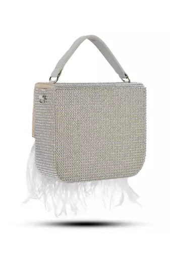 White hand crafted feather flowy box bag