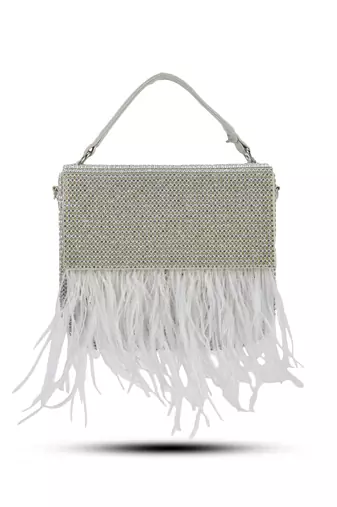 White hand crafted feather flowy box bag