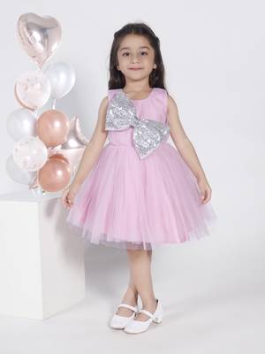 Pink sequins bow net party frock 1