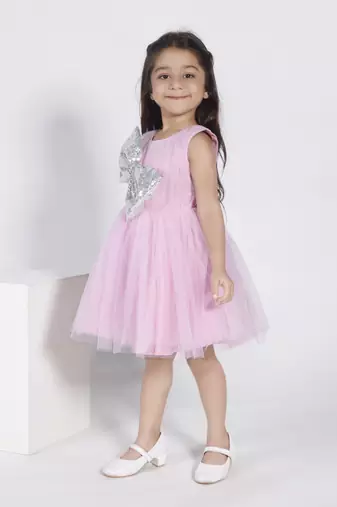 Pink sequins bow net party frock