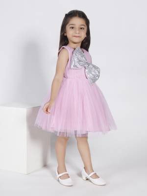 Pink sequins bow net party frock 4