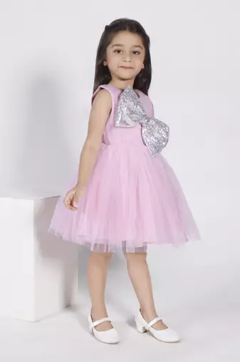 Pink sequins bow net party frock