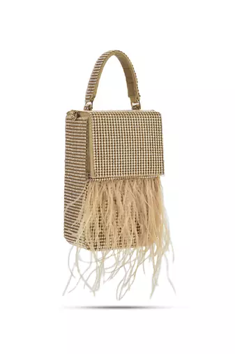 Golden hand crafted feather flowy box bag