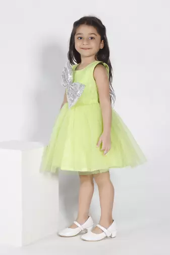 Limegreen sequins bow net party frock