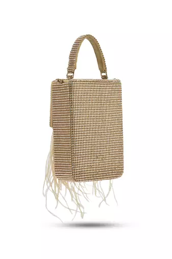 Golden hand crafted feather flowy box bag