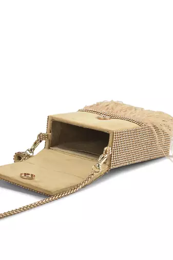 Golden hand crafted feather flowy box bag