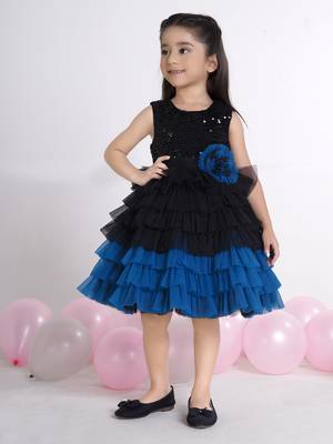 Teal layered ruffle sequence with contrast hem net party frock 1