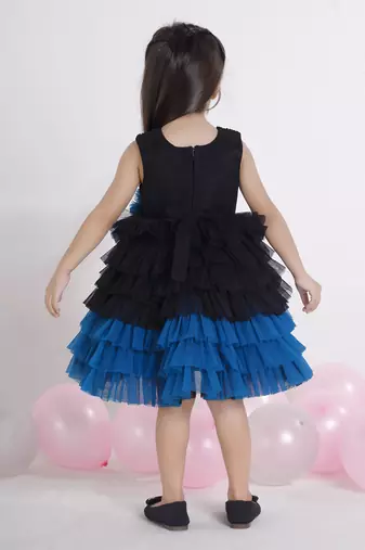 Teal layered ruffle sequence with contrast hem net party frock