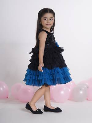 Teal layered ruffle sequence with contrast hem net party frock 3