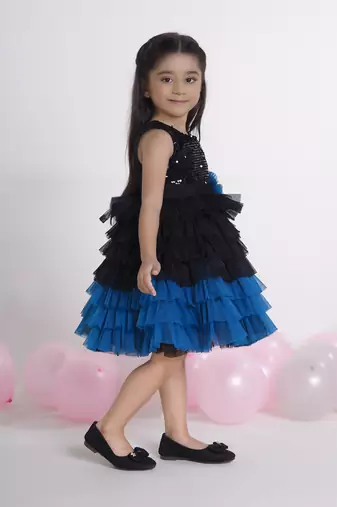 Teal layered ruffle sequence with contrast hem net party frock