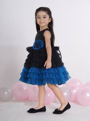 Teal layered ruffle sequence with contrast hem net party frock 4