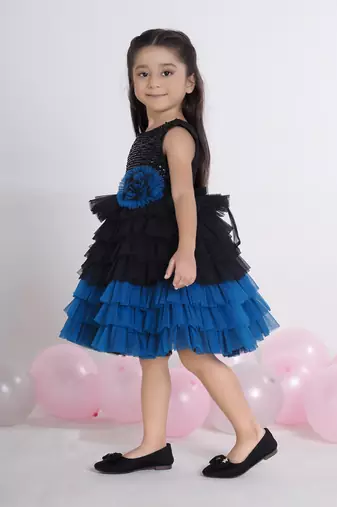 Teal layered ruffle sequence with contrast hem net party frock