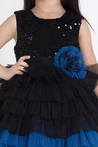 Teal layered ruffle sequence with contrast hem net party frock