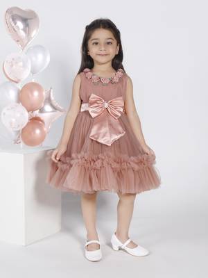 Brown 3d floral applique solid party frock 1