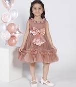 Brown 3d floral applique solid party frock