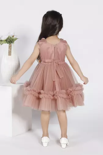 Brown 3d floral applique solid party frock