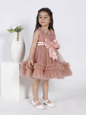 Brown 3d floral applique solid party frock 3