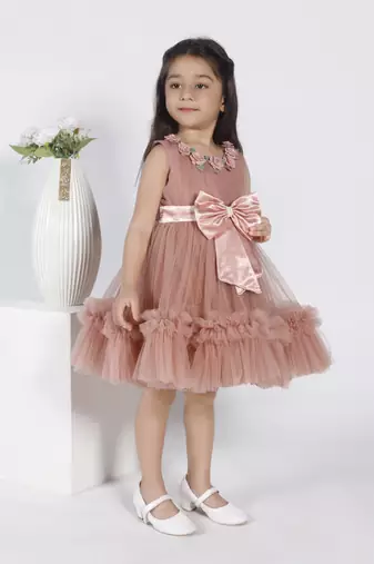 Brown 3d floral applique solid party frock