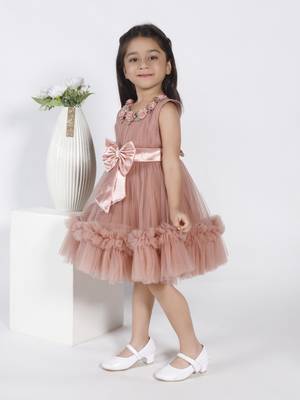 Brown 3d floral applique solid party frock 4