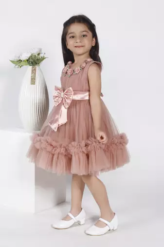 Brown 3d floral applique solid party frock