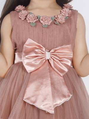 Brown 3d floral applique solid party frock 5
