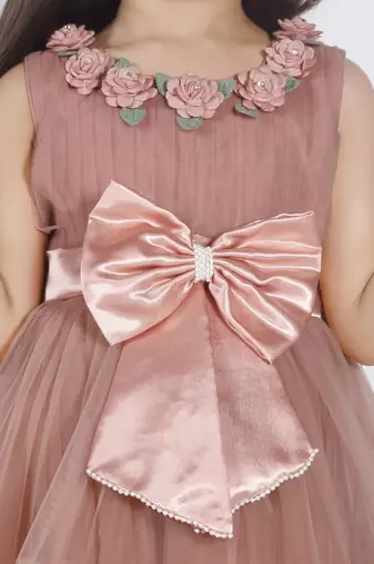 Brown 3d floral applique solid party frock