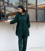 Green pleated band collar top