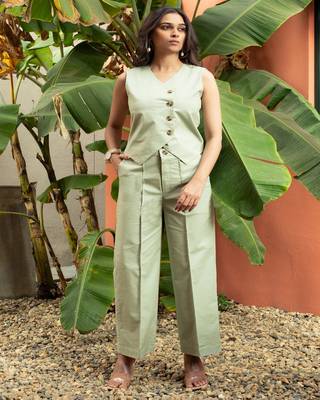 Pista green cotton solid vest coat 1