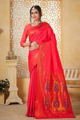 pink floral paithani silk blend  woven saree with matching blouse 1