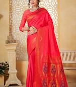 pink floral paithani silk blend  woven saree with matching blouse